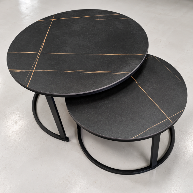 Round Nesting Coffee Table Set of 2 - Dark Slate & Gold Vein, MDF Coffee Table Coffee Tables