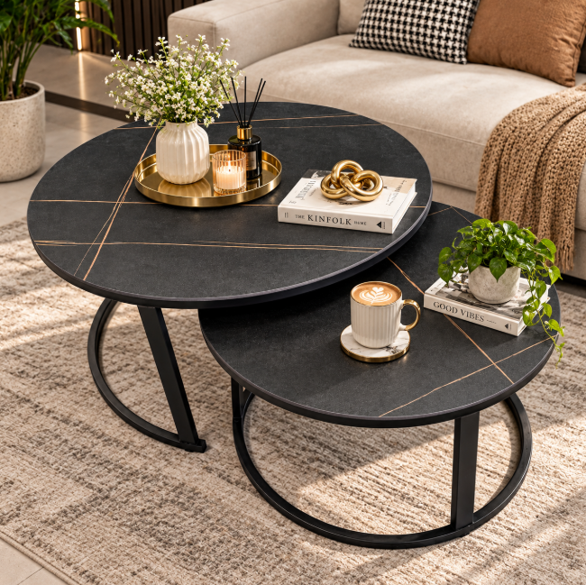 Round Nesting Coffee Table Set of 2 - Dark Slate & Gold Vein, MDF Coffee Table Coffee Tables
