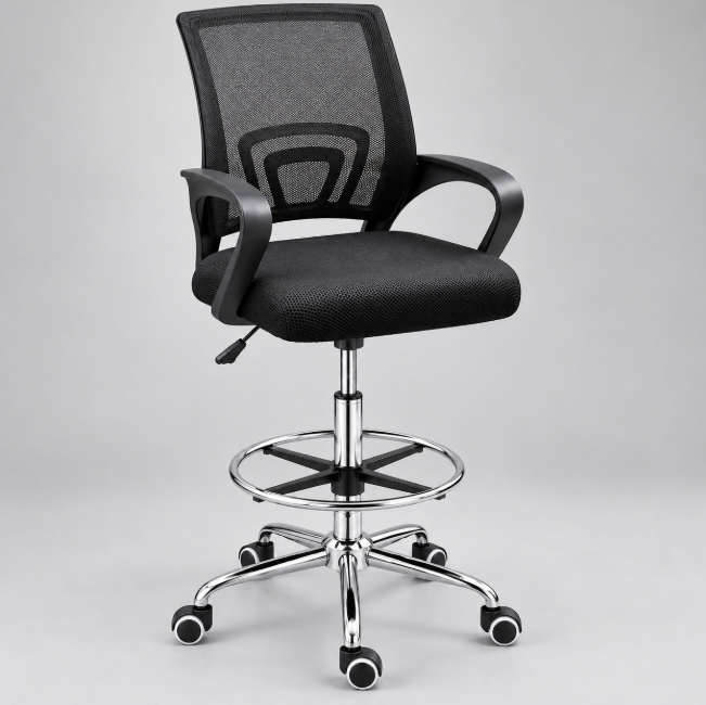 Executive Drafting Bar Stool with Armrests & Footrest Ring, Black Office Chair Adjustable Bar Stools