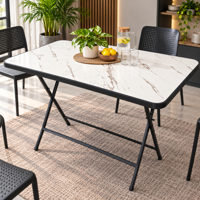 Foldable Marble-Effect MDF Table - Black Frame Folding Table Folding Tables