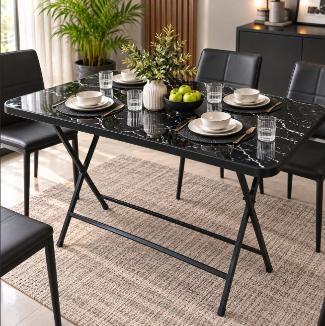 Foldable Marble-Effect MDF Table - Black Frame Folding Table Folding Tables