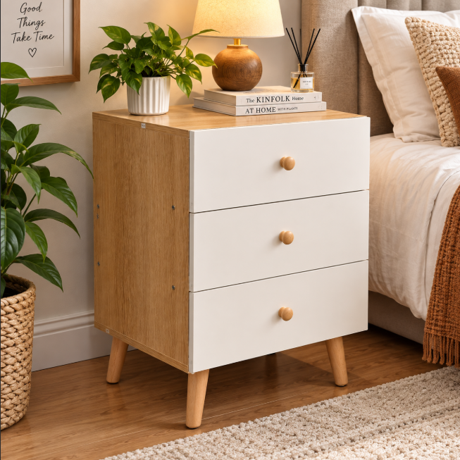 3-Drawer Bedside Table Wooden Legs - Cream/Oak, Scandi Style Bedside Table Nightstands