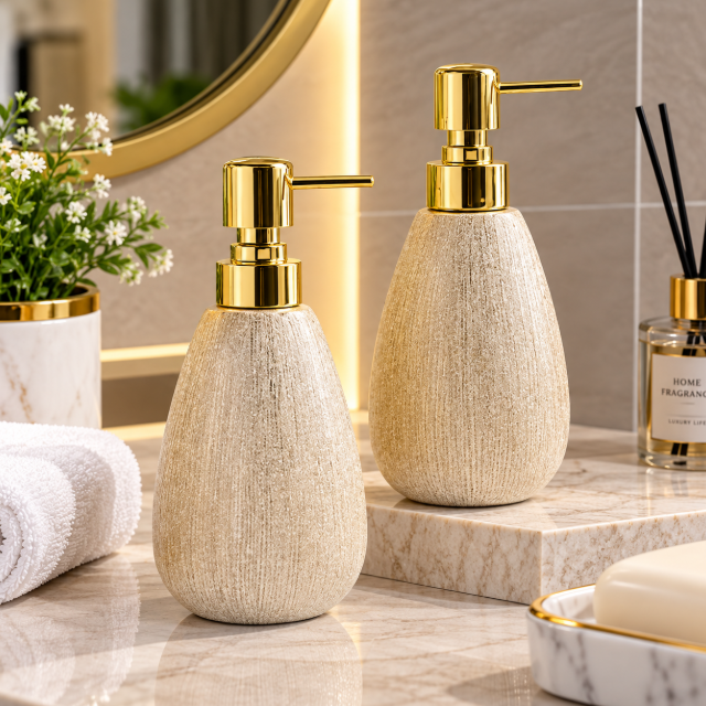 Golden Ceramic Lotion & Soap Dispenser - Cream Linen Texture Soap Dispenser Soap & Lotion Dispensers