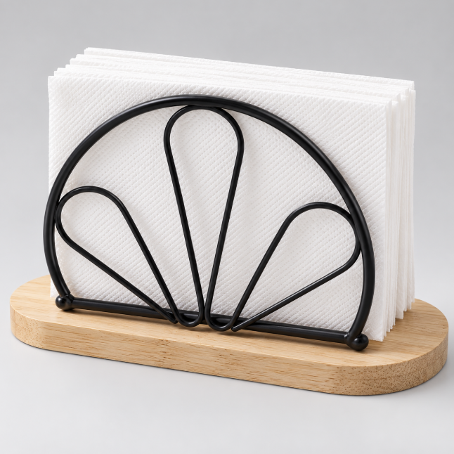 Fan Shell Wire Serviette Holder with Bamboo Base Serviette Holder Napkin Holders
