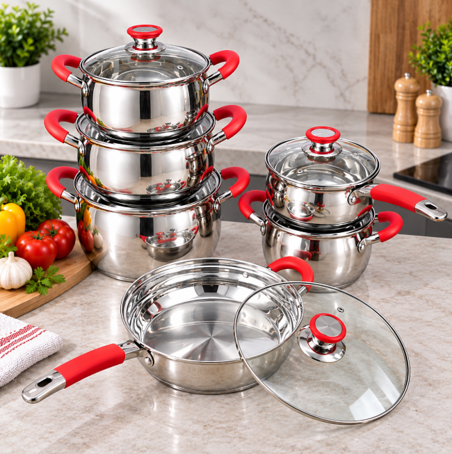 12-Piece Stainless Steel Cookware Set - Red Handles Cookware Set Cookware Sets