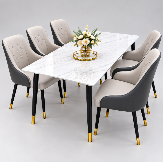 Marble Top Dining Table & 4 Grey Upholstered Chairs Set Dining Set Kitchen & Dining Furniture Sets