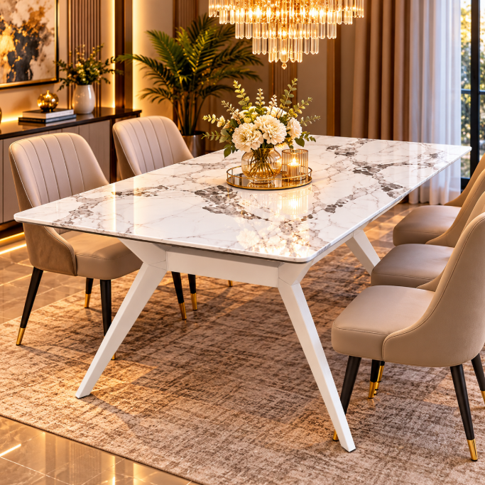 White Marble-Effect Dining Table with X-Frame Base Dining Table Dining Tables