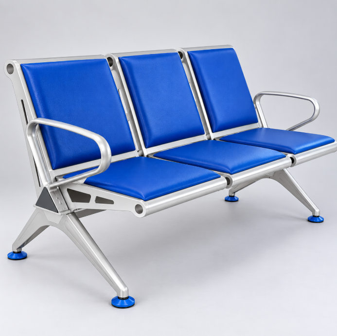 3-Seater Airport Waiting Chair with Blue PU Leather & Steel Frame Waiting Chair Folding Chairs & Stools