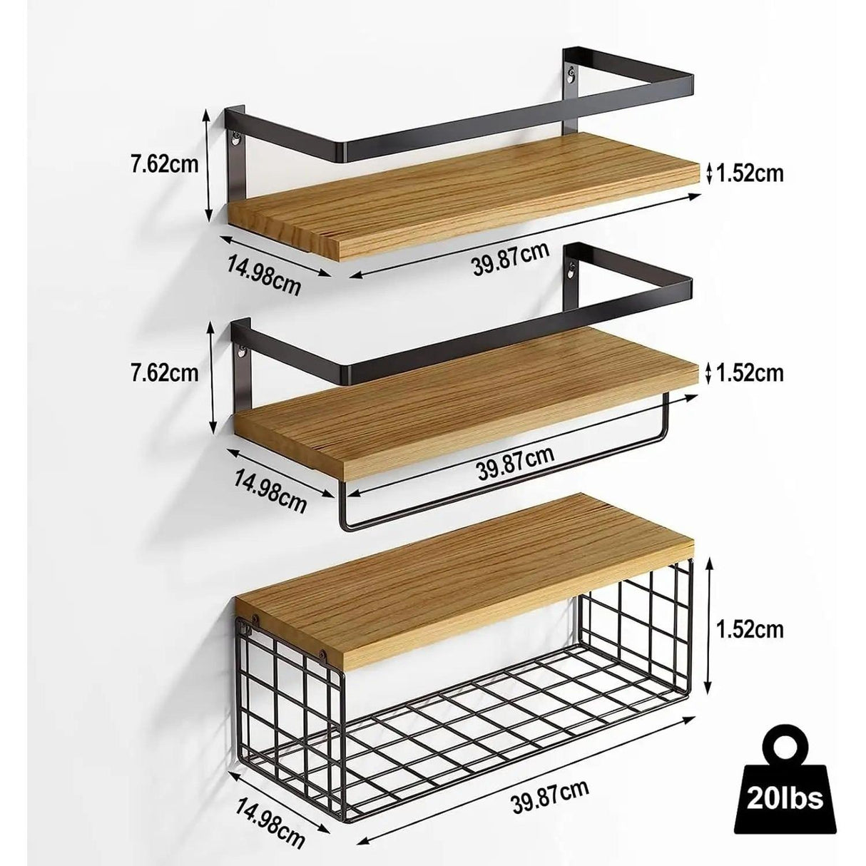 Set of 3 Rustic Wall Mounted Floating Shelves with Towel Rack