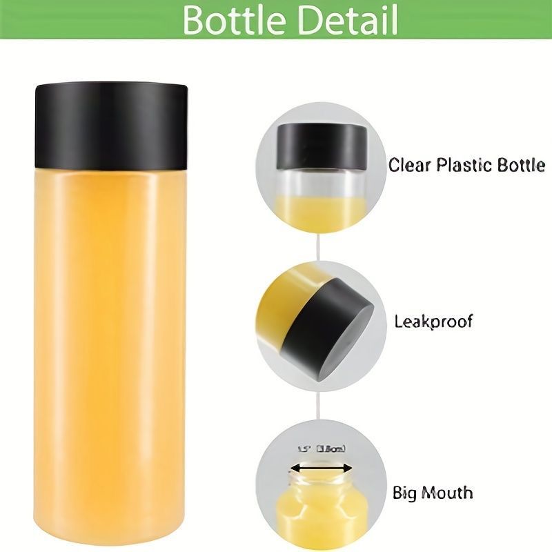 Set of 4 Reusable Juice Bottles 300ml & 500ml PET Plastic Bottles with Black Lids Freezable and Reusable