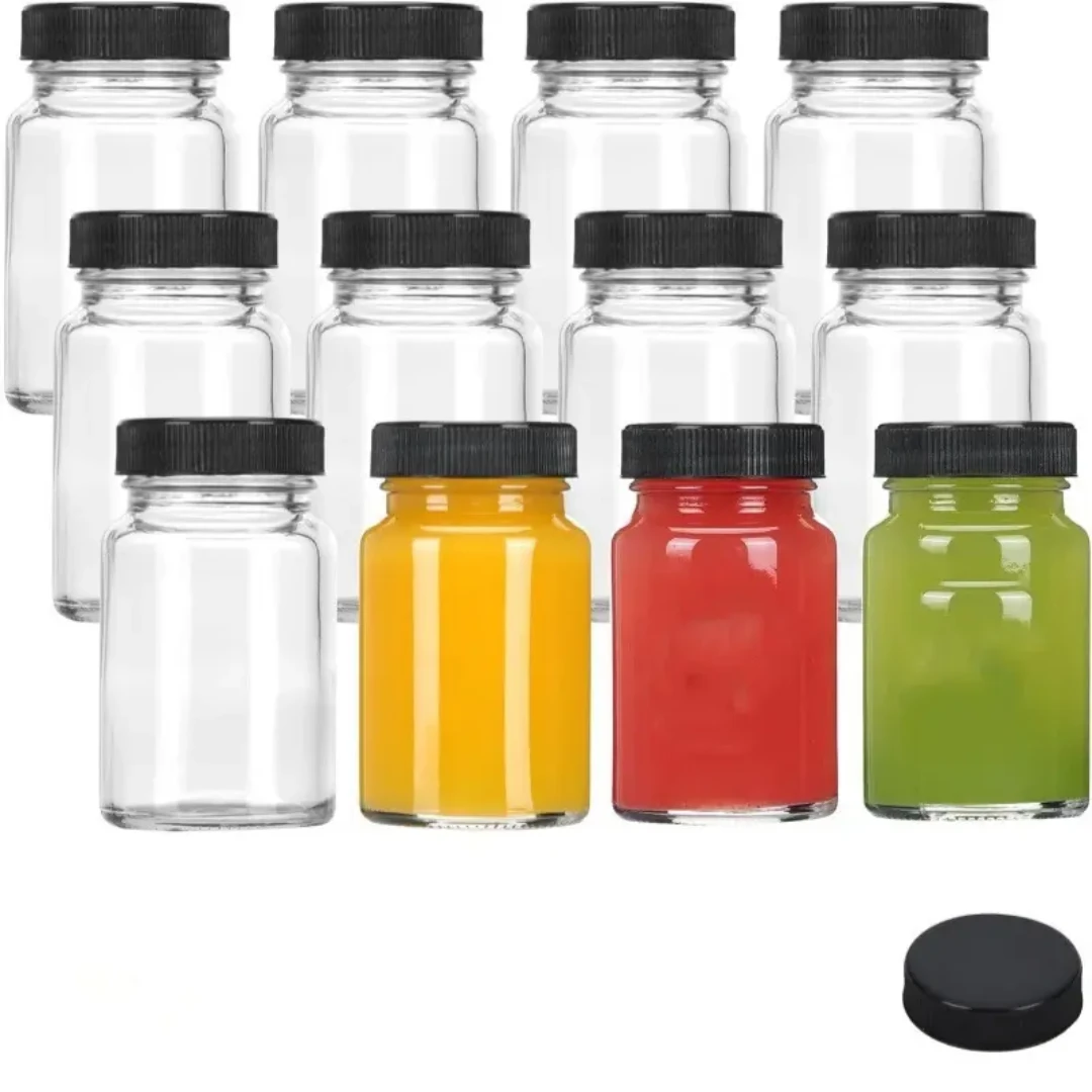 Set of 6 Wellness Gingershots Glass Bottles 60ml, Reusable & Compact with Black Lid. Water Bottles