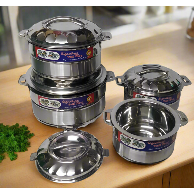 Signature Stainless Steel Hot Pot 4Piece Set 1000ml,2000ml,3000ml and 5000ml Insulated Food Warmers