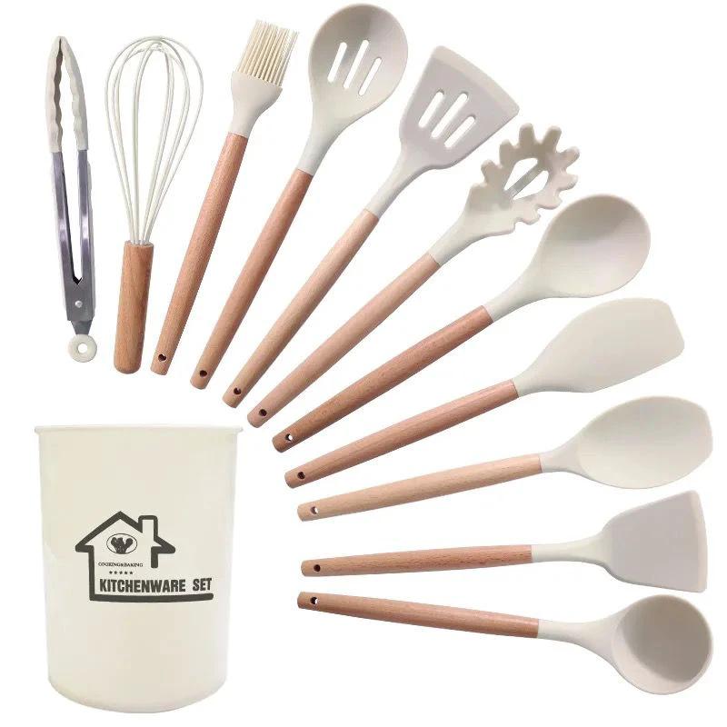 Silicone Kitchenware Set with Wooden Handles Utensil Kitchen Utensil Sets