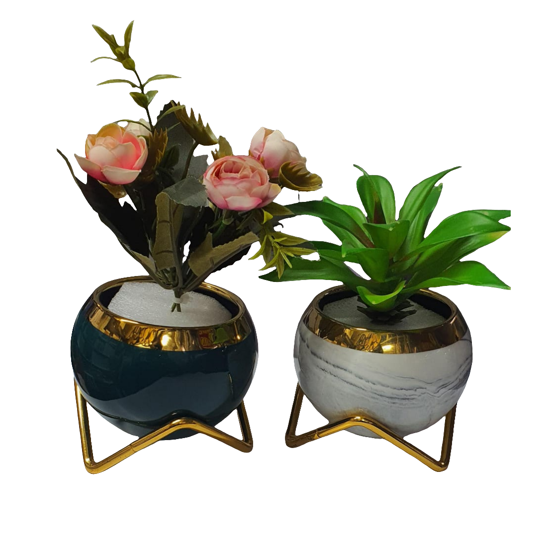 Simple Creative Succulent Planter – Decorative Ceramic Pot with Gold Metal Frame, Includes Artificial Flower and White Stones | Living Room Decor | Outdoor Indoor Decoration