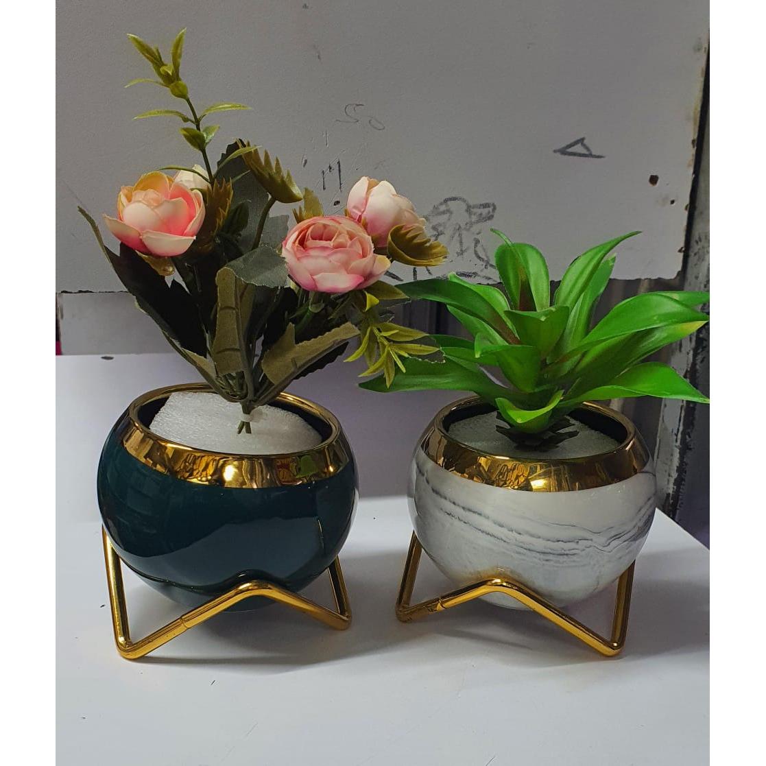 Simple Creative Succulent Planter – Decorative Ceramic Pot with Gold Metal Frame, Includes Artificial Flower and White Stones | Living Room Decor | Outdoor Indoor Decoration