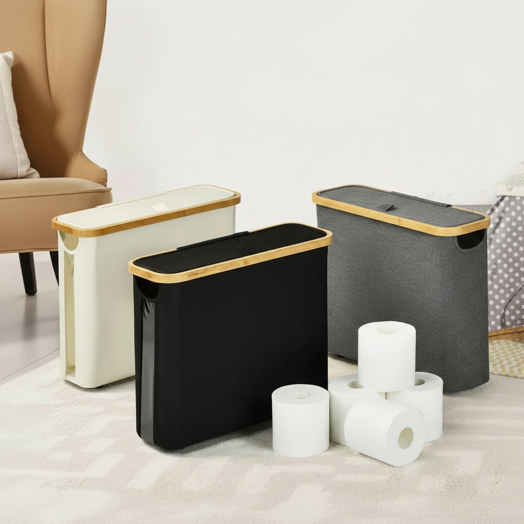 Slim Bathroom Storage Cabinet with Bamboo Lid and Multi Roll Capacity Bathroom Storage Toilet Paper Holders