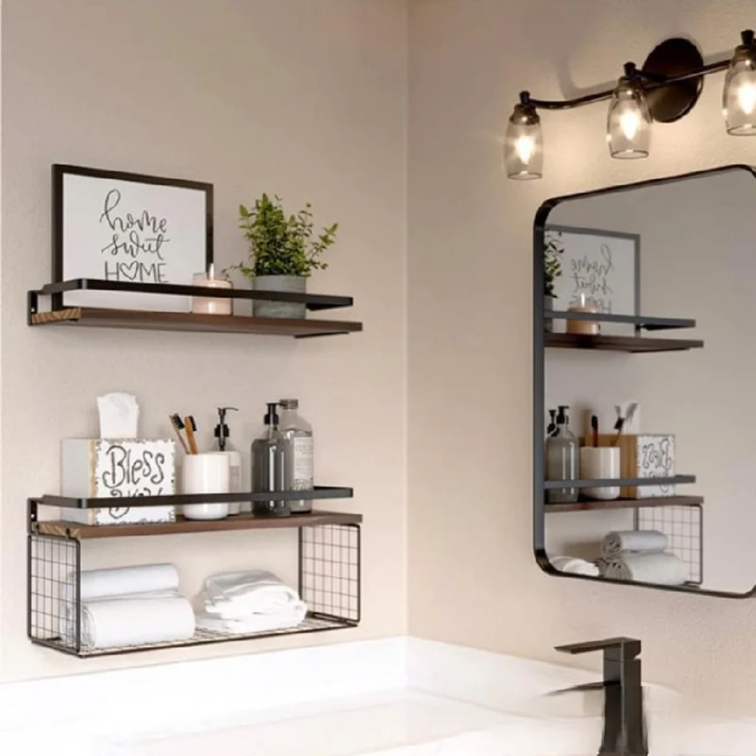 Solid Pine Wood Floating Bathroom Shelves 40cm Modern Wall mounted Storage Available in Grey