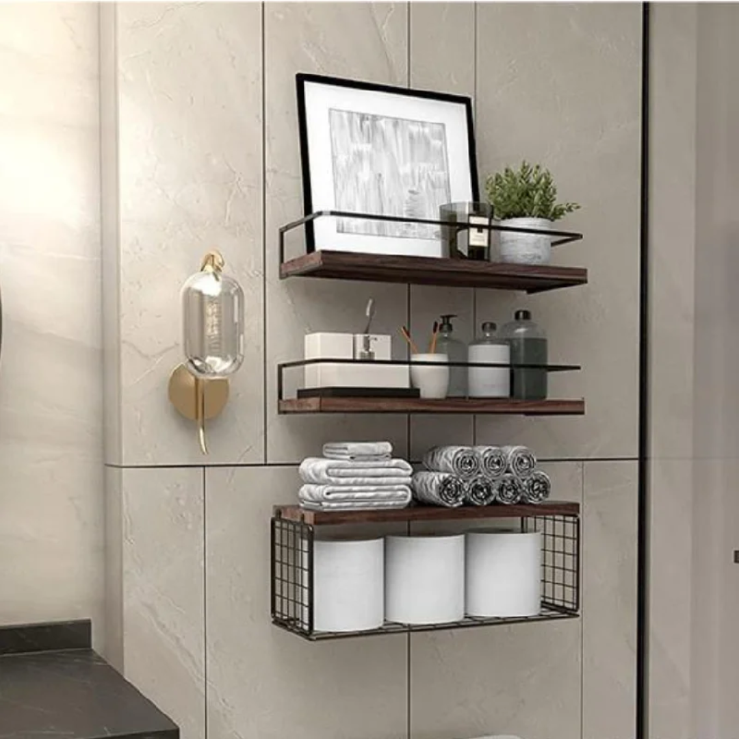 Solid Pine Wood Floating Bathroom Shelves 40cm Modern Wall mounted Storage Available in Grey
