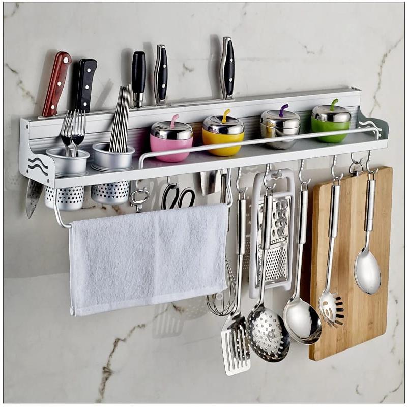 Space Saving Aluminium Kitchen Storage Rack Wall Mounted Spice Rack & Multi Use Shelf (60cm, Silver)