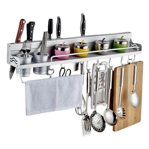 Space Saving Aluminium Kitchen Storage Rack Wall Mounted Spice Rack & Multi Use Shelf (60cm, Silver)