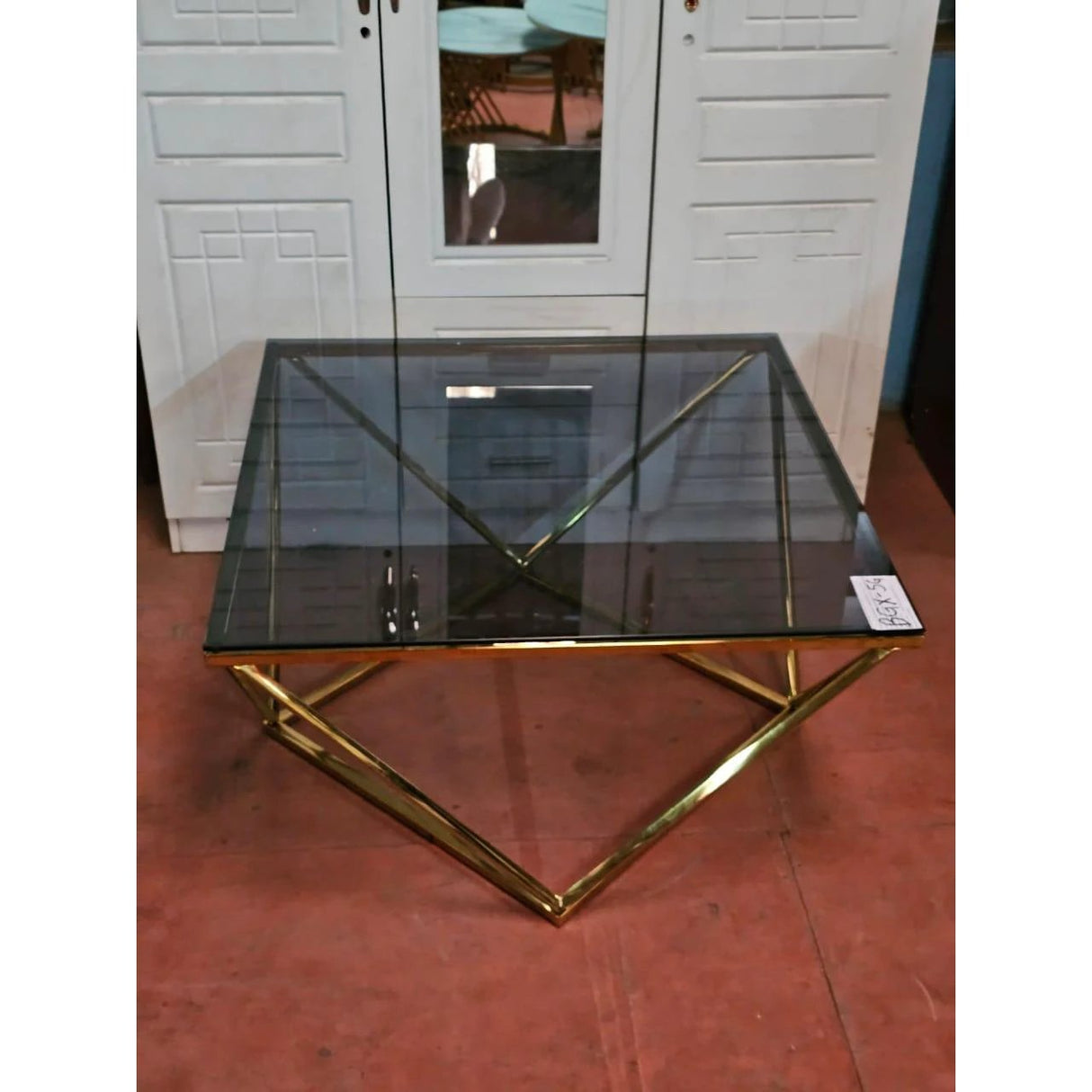 Square Glass Coffee Table – Black Tempered Top with Geometric Gold Metal Base Coffee Tables