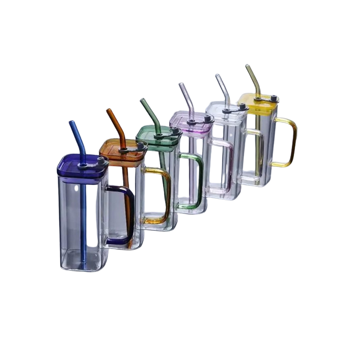 Square Glass Drinking Cups | Clear with Colored Handle and Acrylic Lid tableware Drinkware Sets