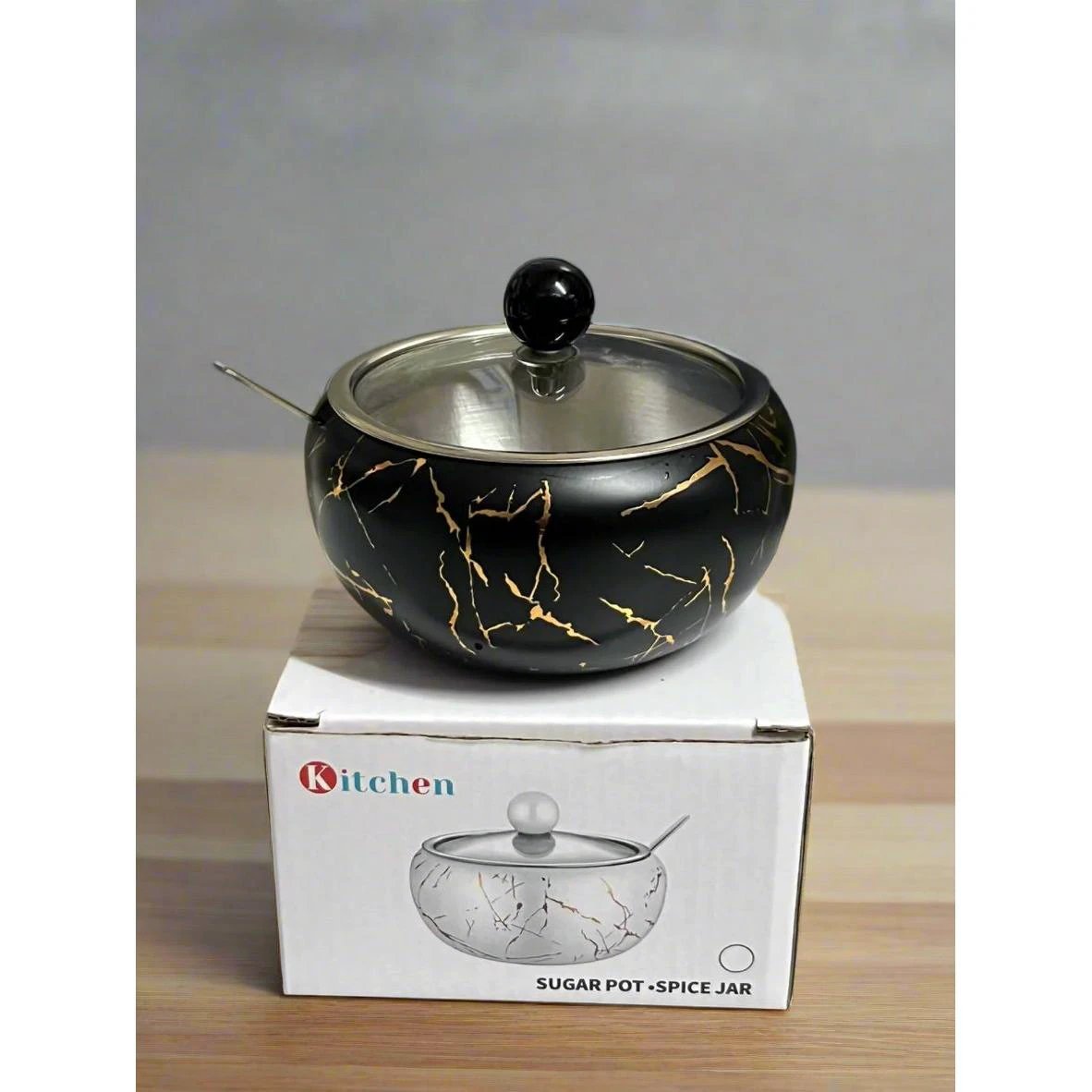 Stainless Steel 440ml Capacity Sugar Dish with Matching Lid & Spoon | Sugar Pot | Spice Jar| Kitchen Storage | Black Storage Containers Sugar Caddies