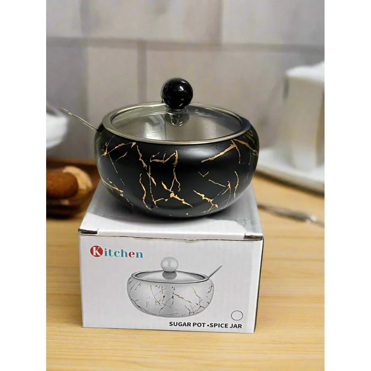 Stainless Steel 440ml Capacity Sugar Dish with Matching Lid & Spoon | Sugar Pot | Spice Jar| Kitchen Storage | Black Storage Containers Sugar Caddies