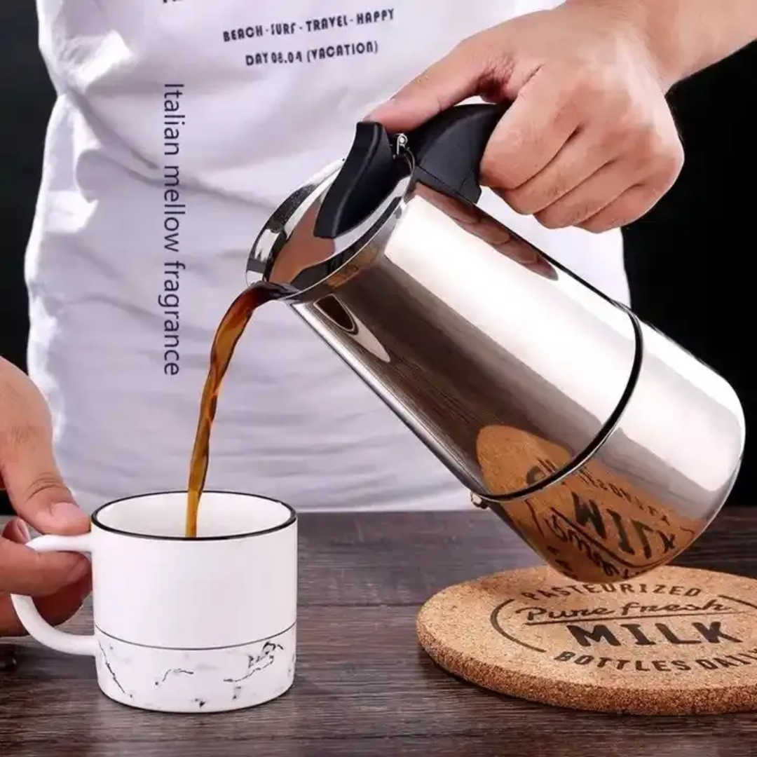 Stainless Steel Espresso Coffee Maker 6 Cup for Full Bodied Brewing on Any Cooktop.