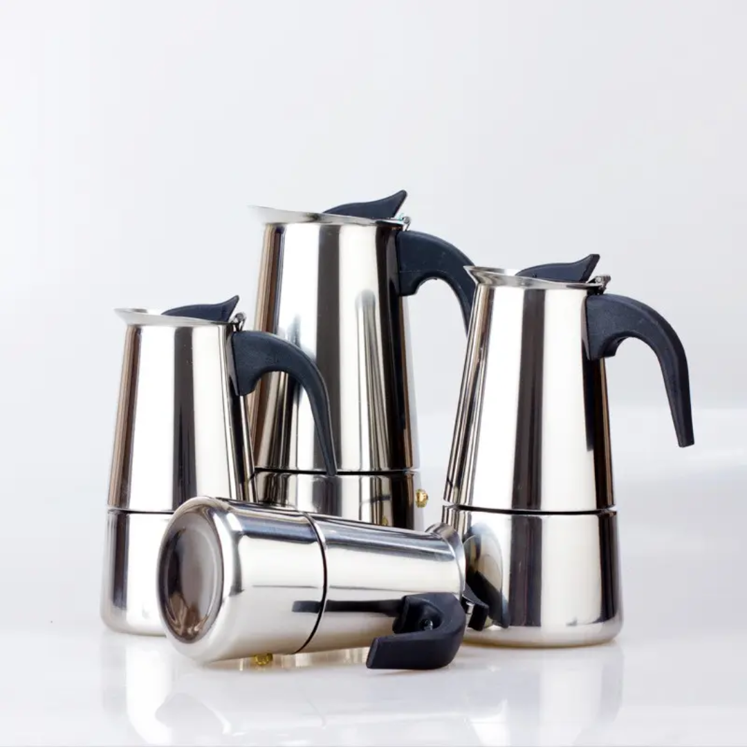 Stainless Steel Espresso Coffee Maker 6 Cup for Full Bodied Brewing on Any Cooktop.