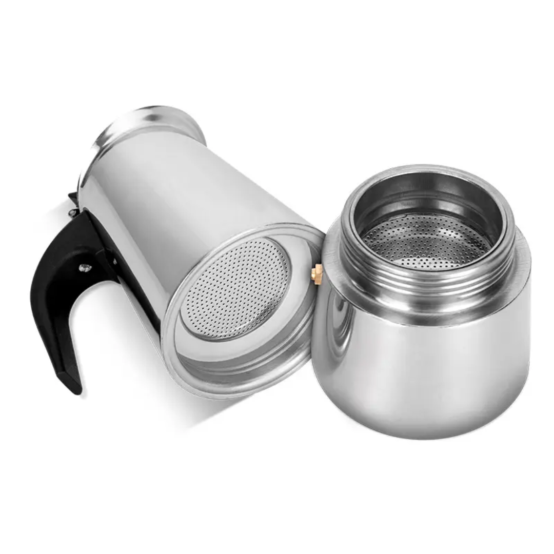 Stainless Steel Espresso Coffee Maker 6 Cup for Full Bodied Brewing on Any Cooktop.