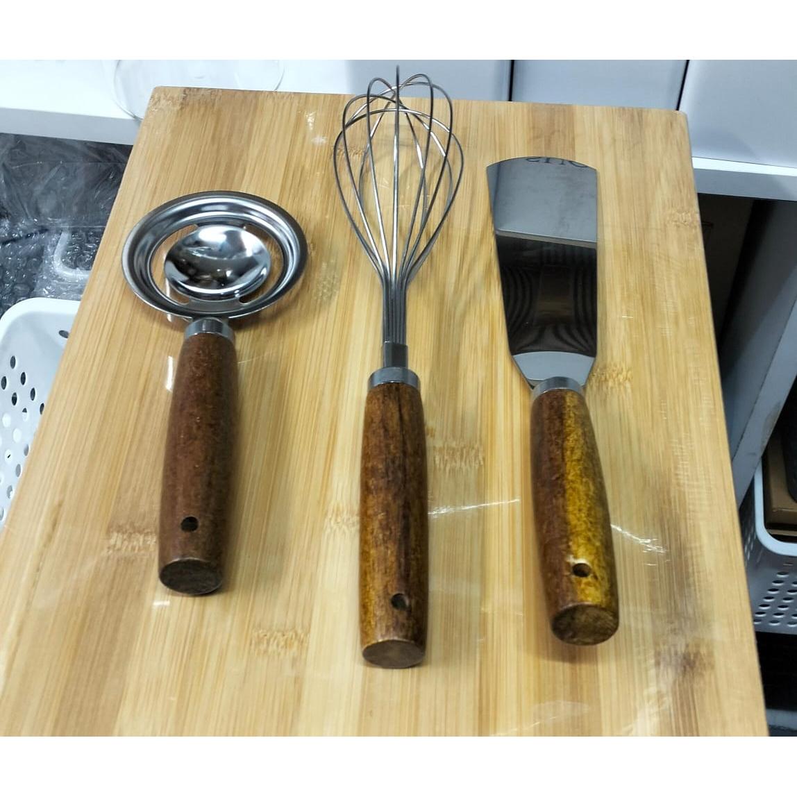 Stainless Steel Kitchen Accessories with Wooden Handles–Whisk, Spatula, Ice Cream Scoop