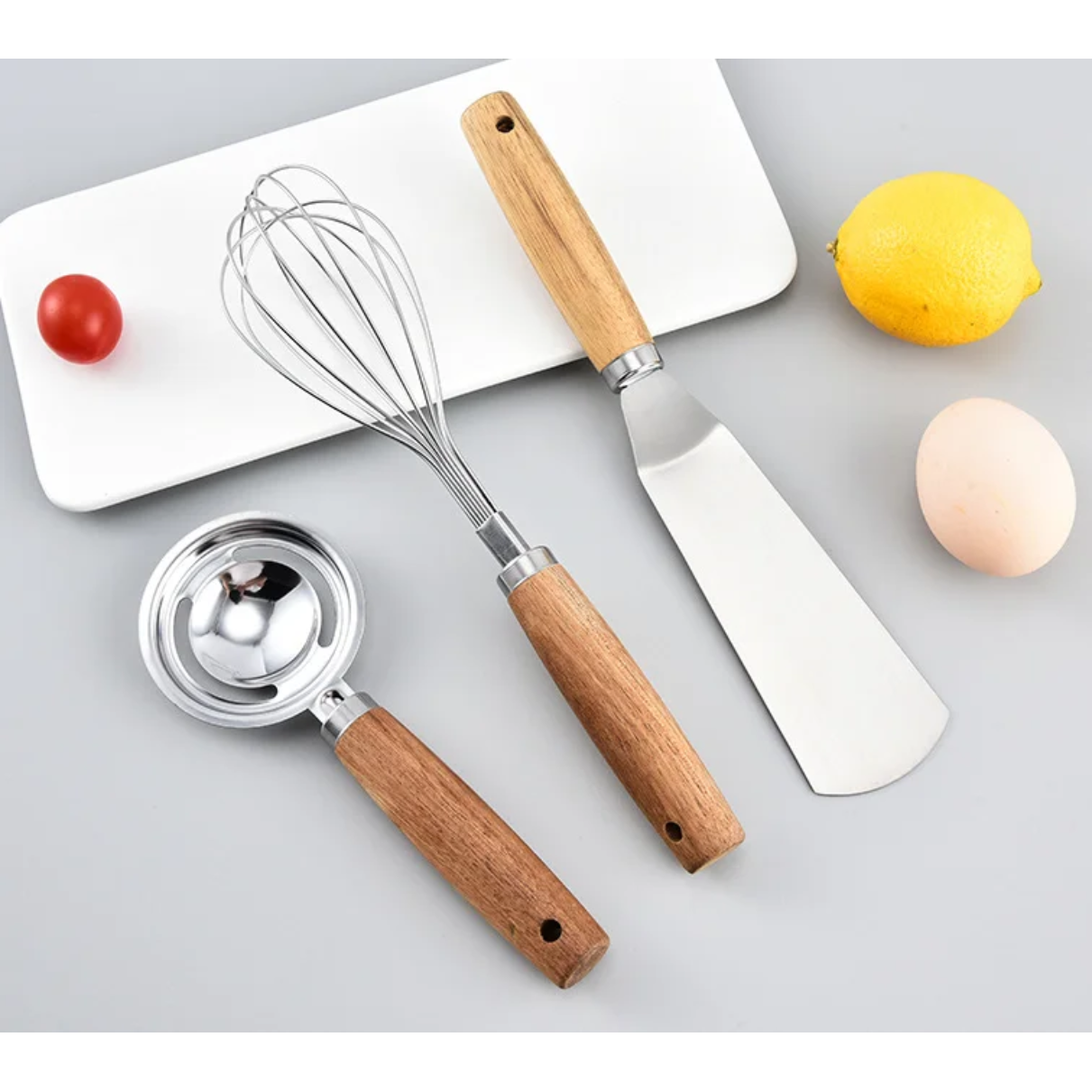 Stainless Steel Kitchen Accessories with Wooden Handles–Whisk, Spatula, Ice Cream Scoop