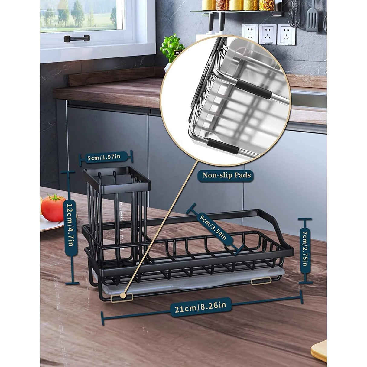 Stainless Steel Kitchen Sink Drain Rack Multi Functional Faucet Holder & Sponge Shelf, Black