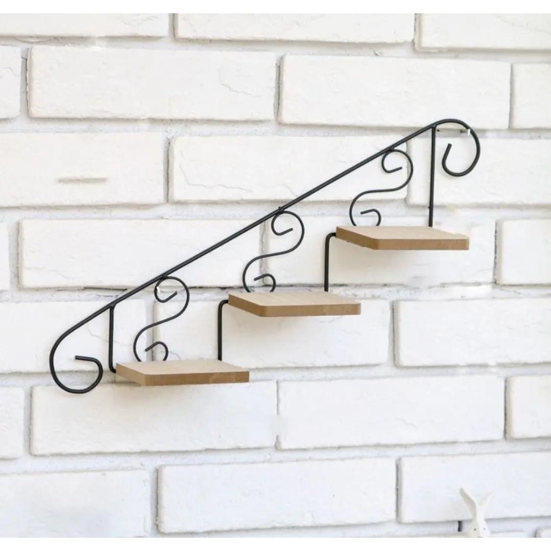 Staircase Wall Hanging Flower Shelf Wrought Iron & Wood, Modern Design for Living Room, Office, and Corridor Decor