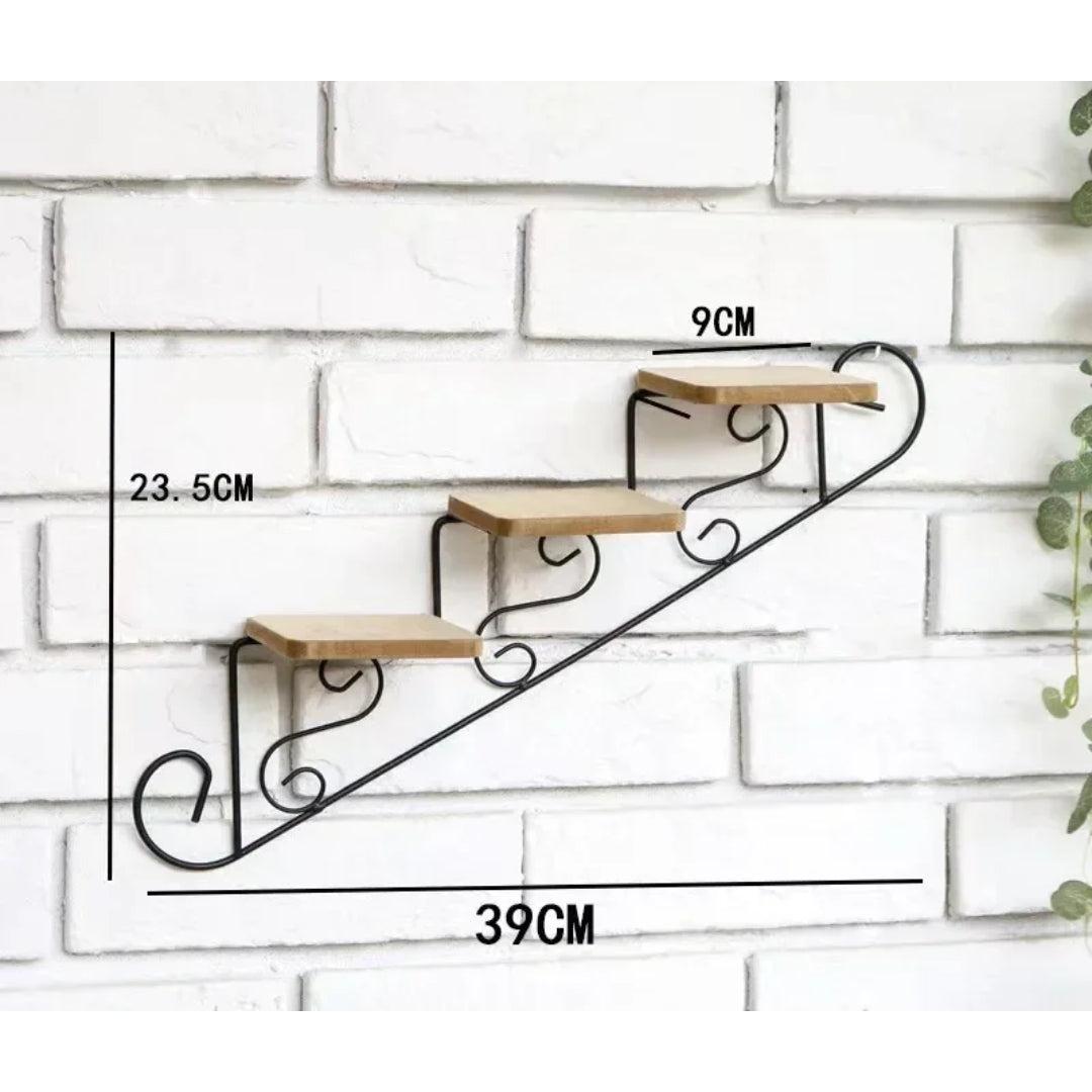 Staircase Wall Hanging Flower Shelf Wrought Iron & Wood, Modern Design for Living Room, Office, and Corridor Decor