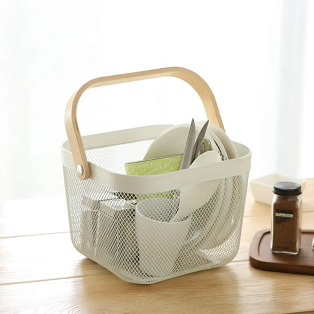 Storage and Fruit Basket with Bamboo Handles – Black and White Kitchen Storage Kitchen Organizers