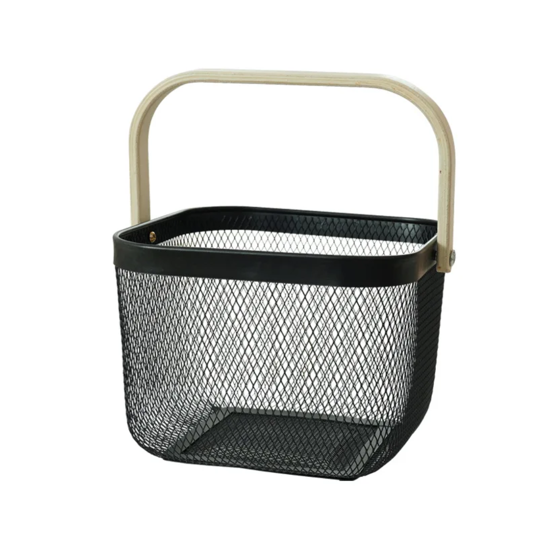 Storage and Fruit Basket with Bamboo Handles – Black and White