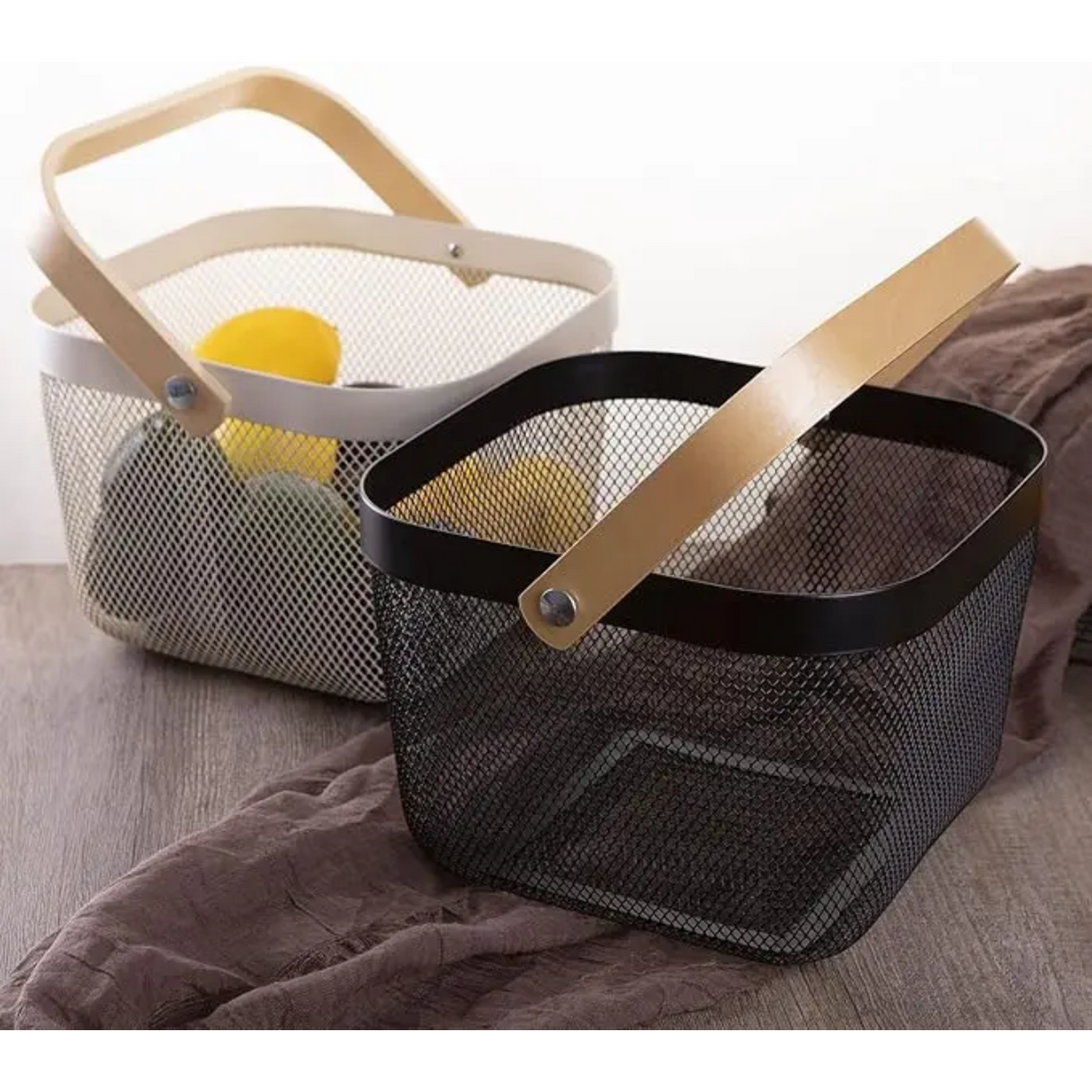 Storage and Fruit Basket with Bamboo Handles – Black and White