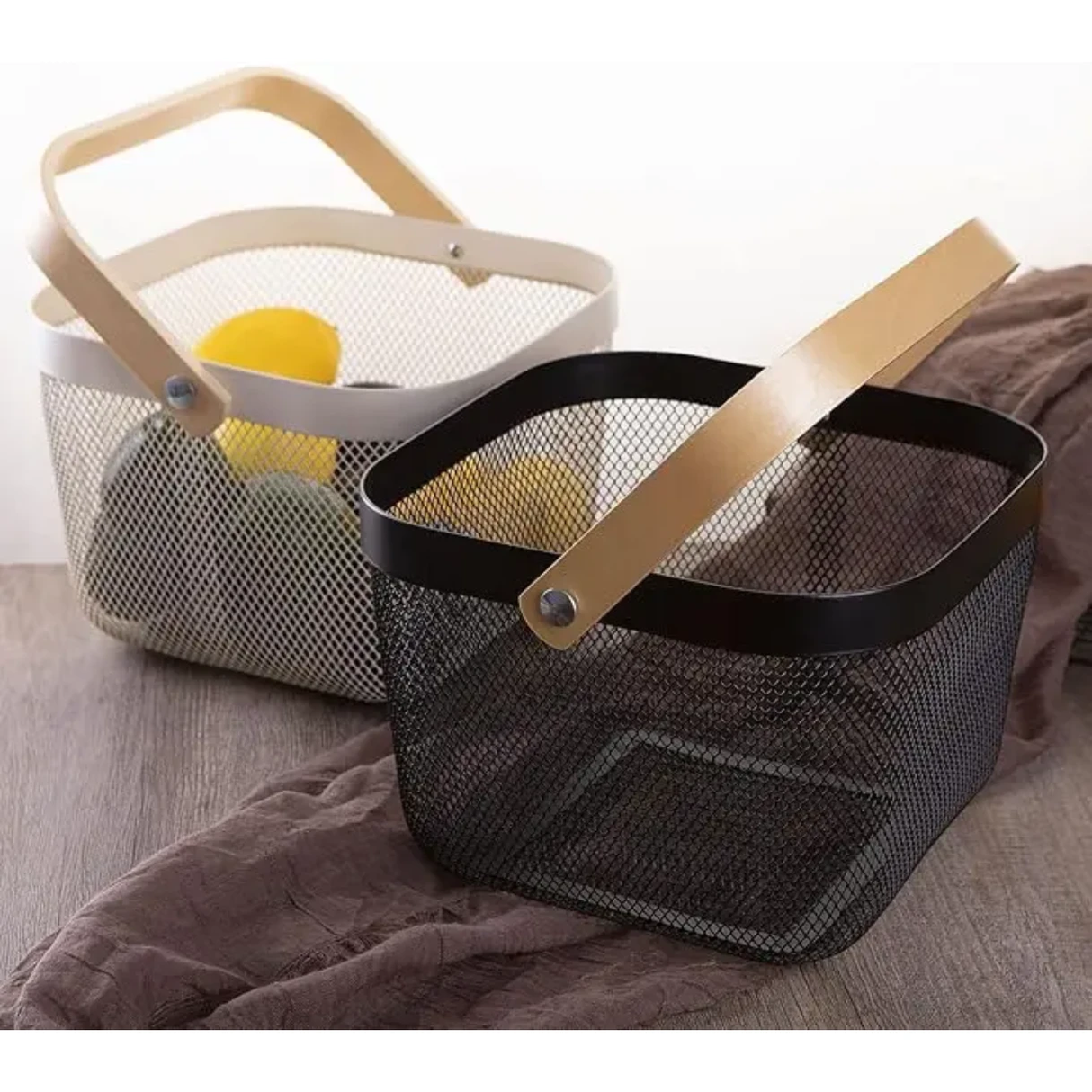 Storage and Fruit Basket with Bamboo Handles – Black and White Kitchen Storage Kitchen Organizers