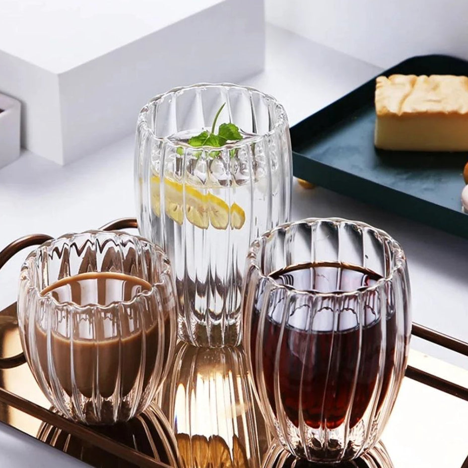 Stripe Double Wall Glass Mug Heat Resistant for Tea Coffee Milk Juice Espresso & Whisky Tableware Mugs