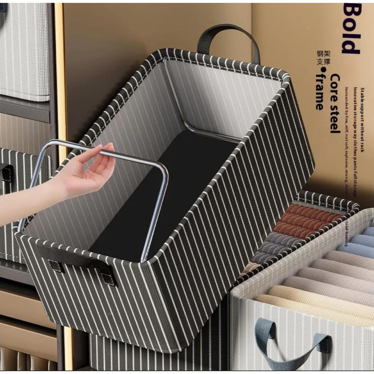 Striped Foldable Closet Organizer Box – Black & White | 47×28×20cm