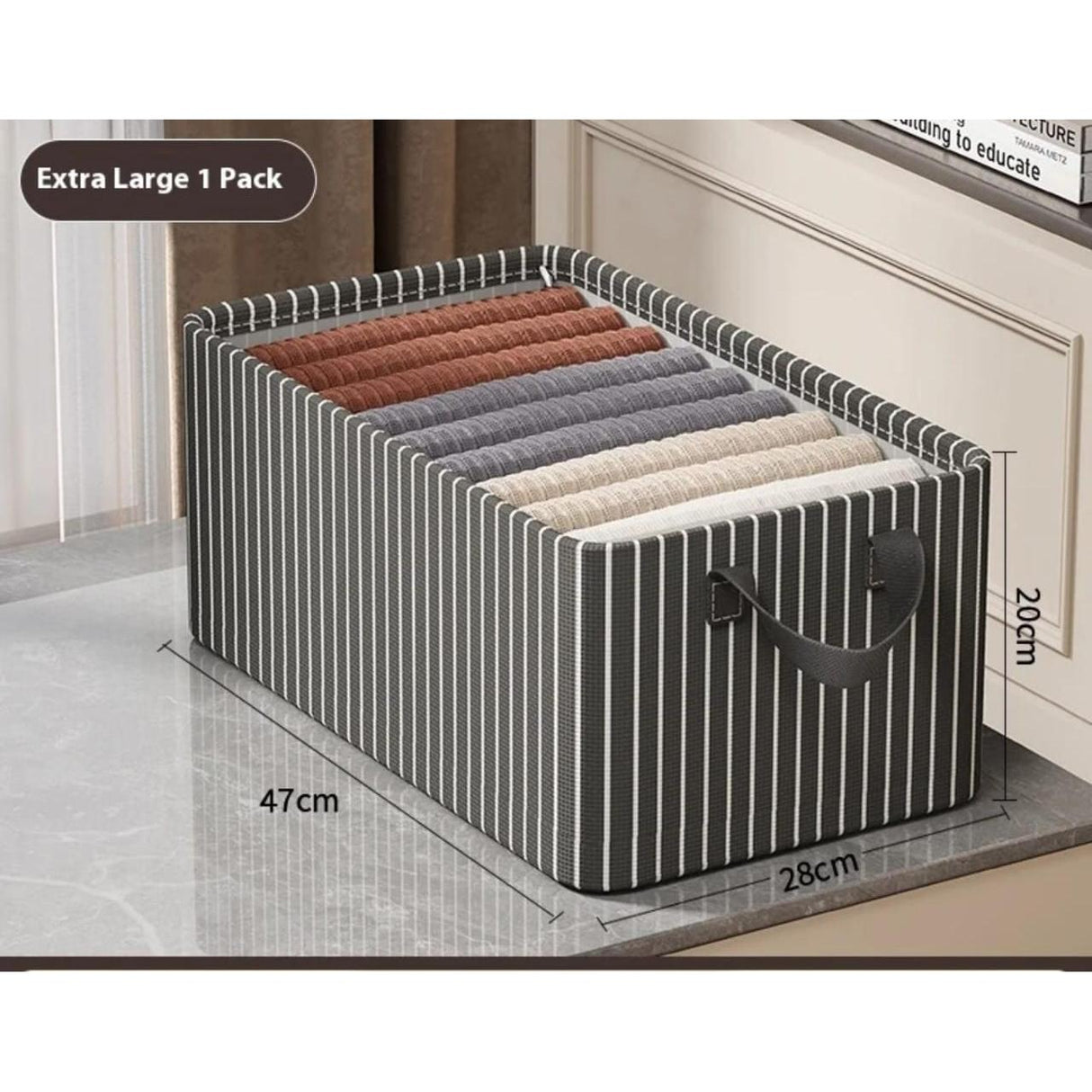 Striped Foldable Closet Organizer Box – Black & White | 47×28×20cm