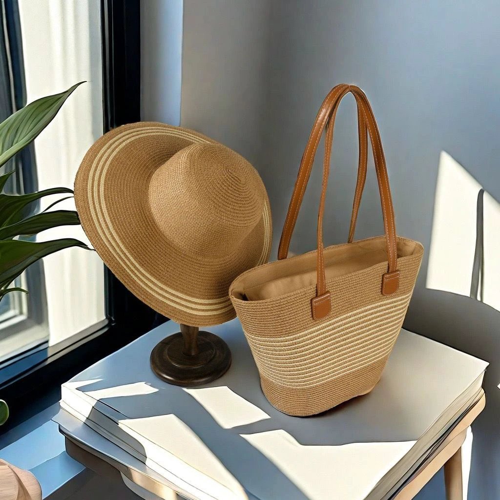 Summer Bag + Hat Combo Stylish Woven Tote and Matching Sun Hat Set. Clothing Accessories