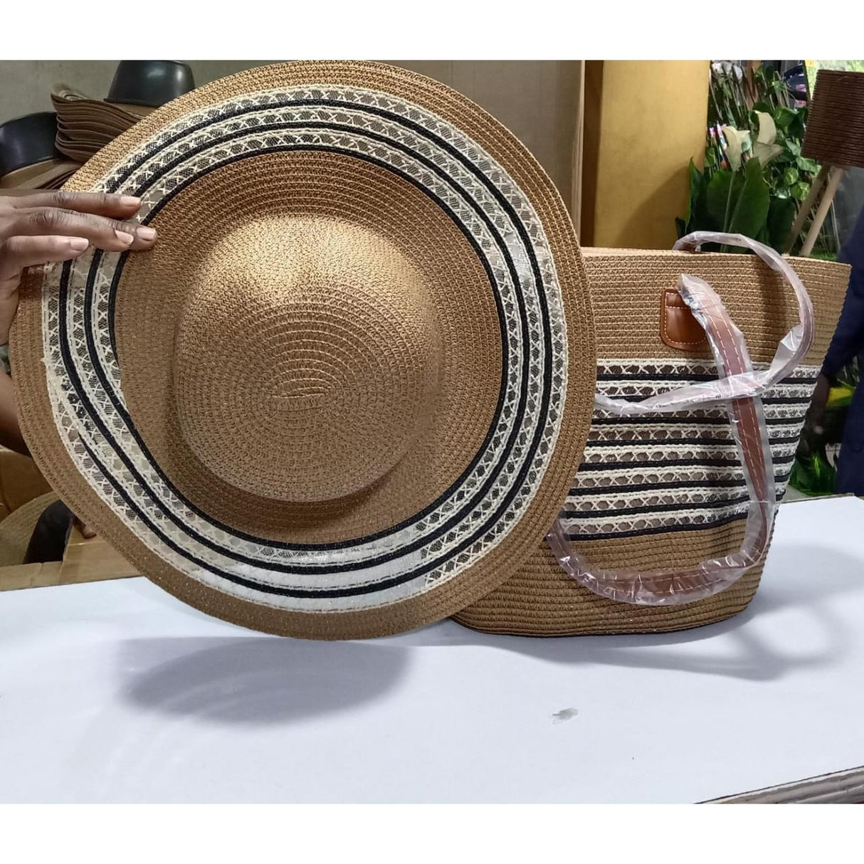 Stylish Woven Tote Summer Bag and Matching Sun Hat Set.