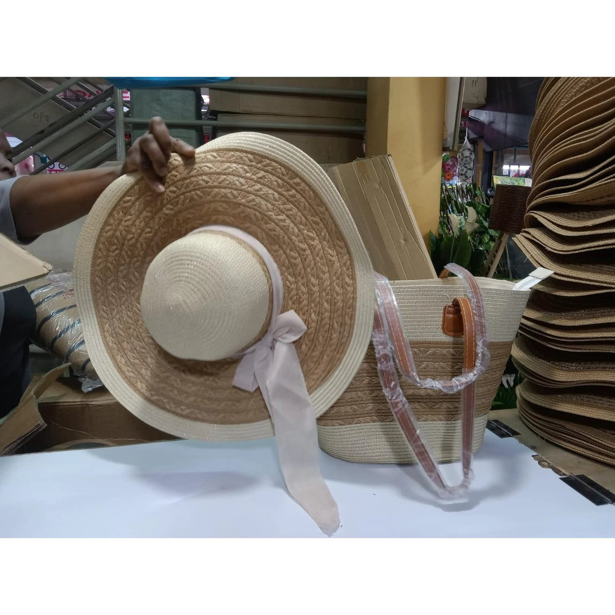 Summer Bag + Hat Combo Stylish Woven Tote and Matching Sun Hat Set. Clothing Accessories