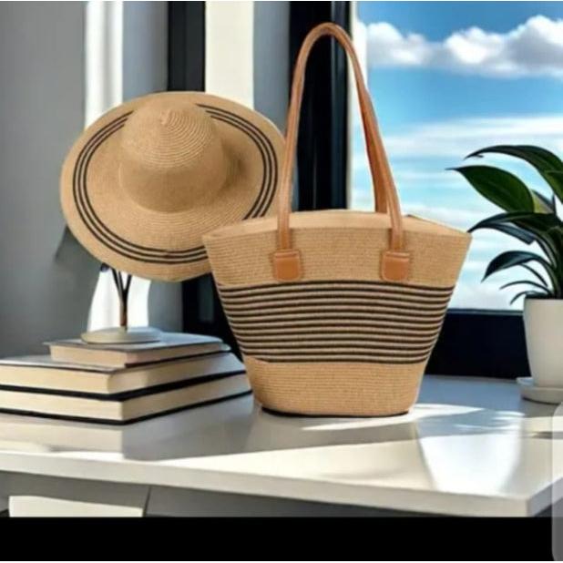 Stylish Woven Tote Summer Bag and Matching Sun Hat Set.