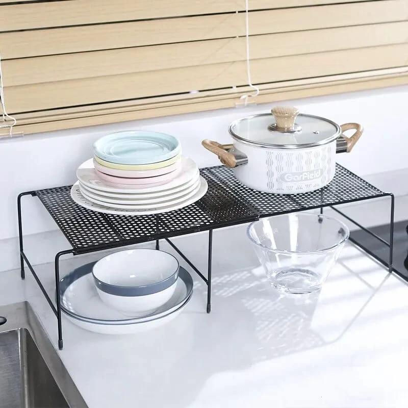 Telescopic Metal Hollow Drain Shelf Adjustable Sink Storage Rack & Cabinet Organizer Durable Space Saving Kitchen Accessory in Black or White