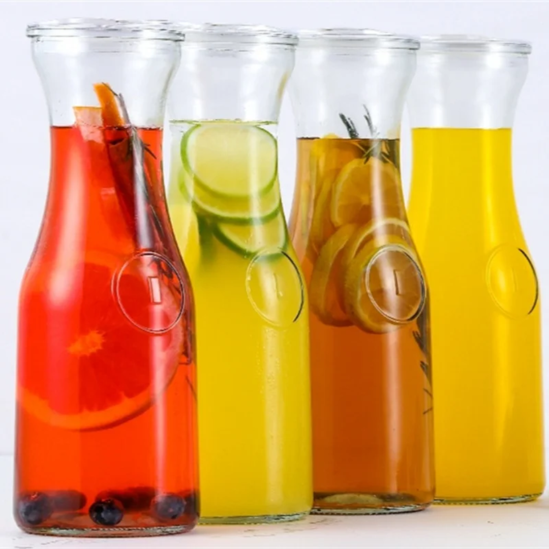 Transparent Aqua Water Pitcher 500ml/1000ml Borosilicate Glass Beverage Bottle with Color Lid Heat Resistant & Stylish.