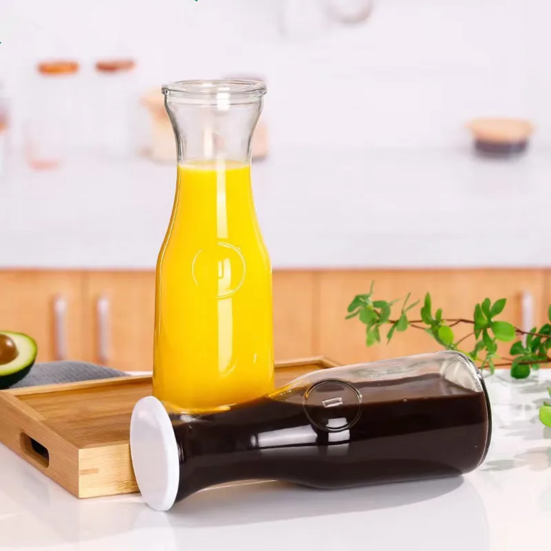 Transparent Aqua Water Pitcher 500ml/1000ml Borosilicate Glass Beverage Bottle with Color Lid Heat Resistant & Stylish.